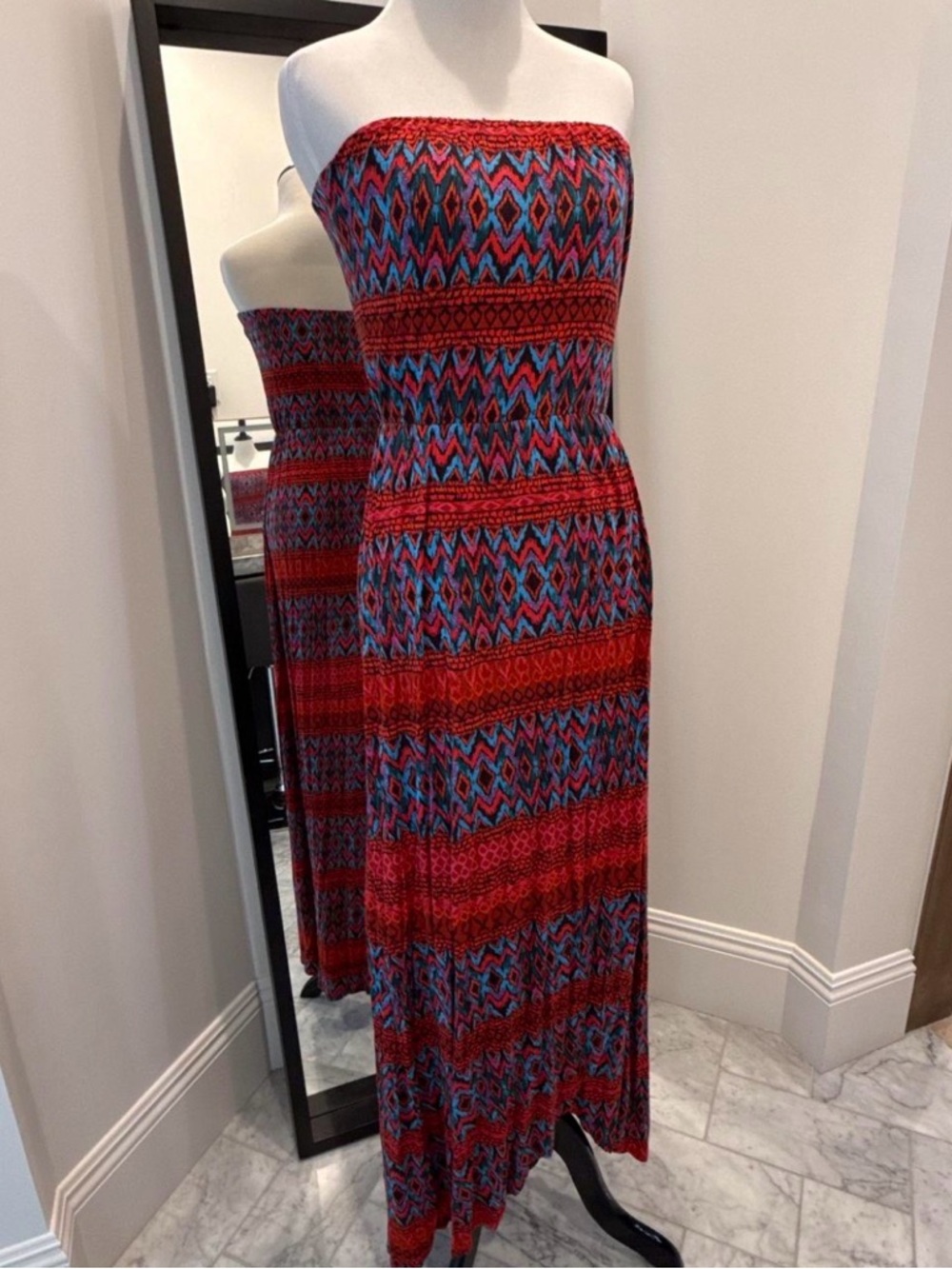 Felicity & Coco Strapless Red and Blue Geometric Maxi Dress